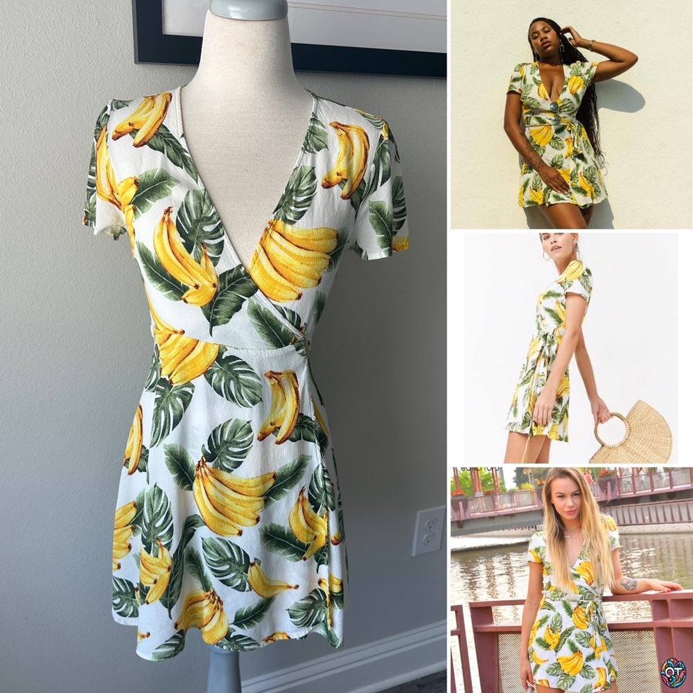 Forever 21 White Mini Dress with Yellow Banana & Green Leaf Print